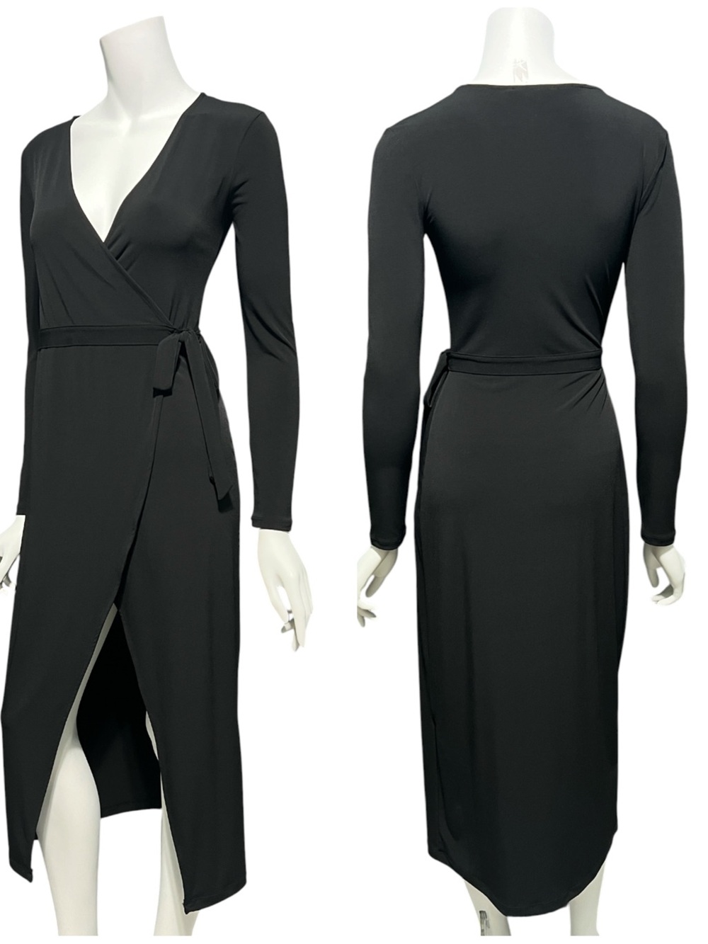 Forever 21 Black Long Sleeve Wrap Midi Dress with Front Slit XS
